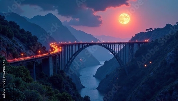 Fototapeta A winding bridge spans a deep chasm under the light of the moon, mysterious, chasm,