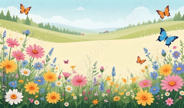 Obraz Children's illustration with a meadow of blooming flowers. Spring meadow with wildflowers, butterfly. Summer natural landscape Conceptual design of a children's room.
