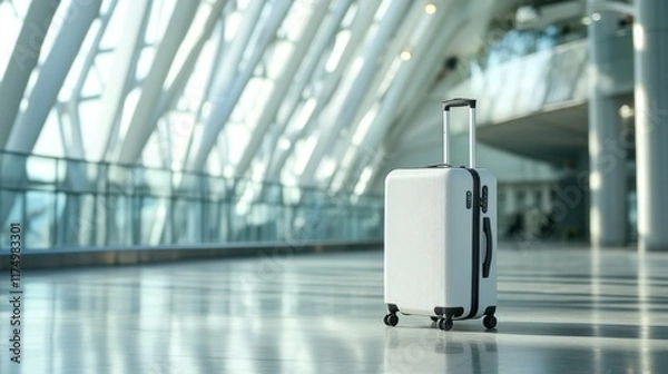 Fototapeta A minimalist suitcase and travel essentials set against a brigh