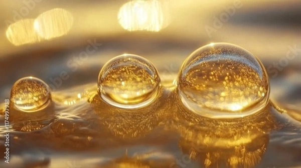 Fototapeta Captivating golden liquid bubbles close-up photography indoor environment abstract concept for visual appeal