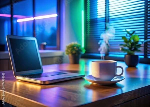 Fototapeta Futuristic Desk with Graphene Battery AI Assistant & Coffee