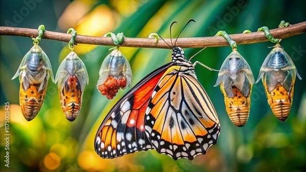 Obraz Panoramic Butterfly Metamorphosis: Emergence from Chrysalis to Stunning Wings