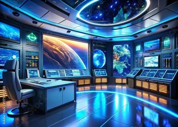 Fototapeta Futuristic Space Exploration Control Room: Sleek Tech Interior with Digital Displays