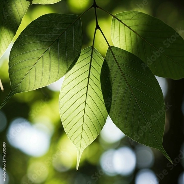 Fototapeta A nature-inspired background with translucent green leaves and intricate details of tree patterns, enhanced by subtle sunlight shadows.