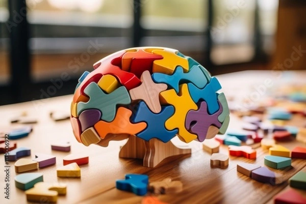 Obraz Colorful wooden brain puzzle symbolizing sustainable ai learning for all ages in education