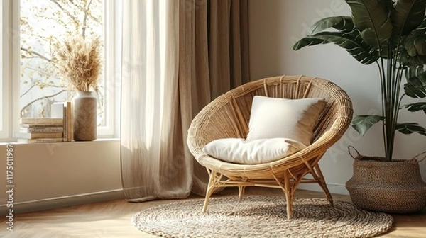 Obraz Stylish reading corner with muted gradients and natural finishes.