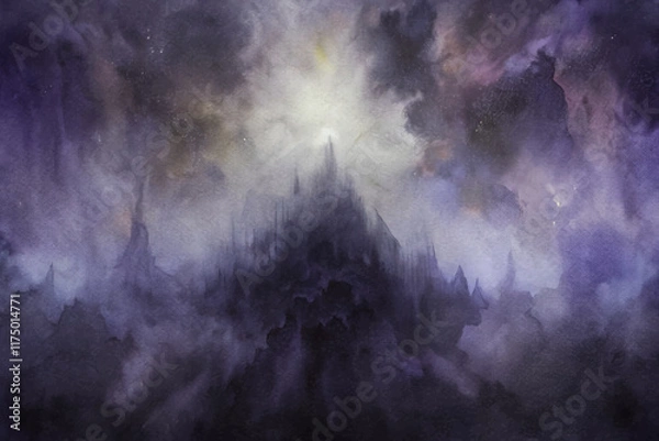 Obraz Dark fantasy landscape, mystical mountain silhouette, ethereal light, dramatic sky, watercolor style, atmospheric depth.