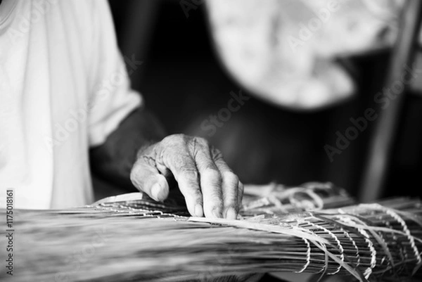 Fototapeta Black and white Old Man’s Hand Crafting a Traditional "Vouve" Tool for Catching Bichique