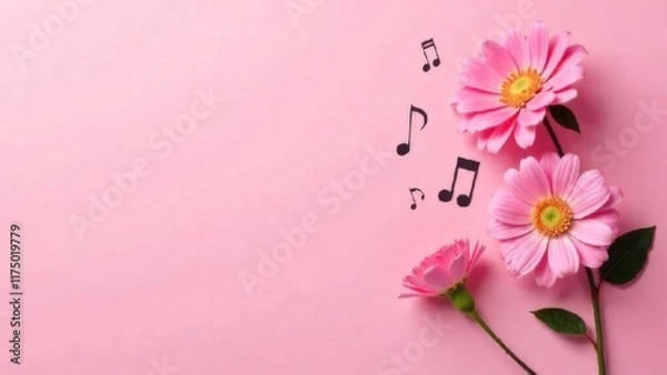 Obraz pink flowers with drawing musical notes on pink background flat lay with copy space.