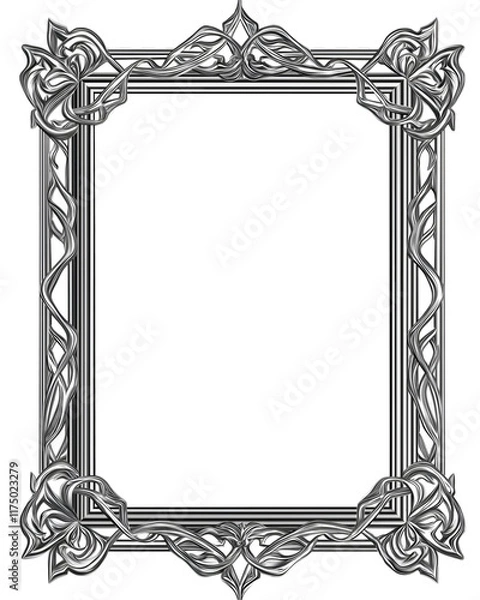 Fototapeta Silver frame with geometric engravings. Isolated on transparent or white background cut out