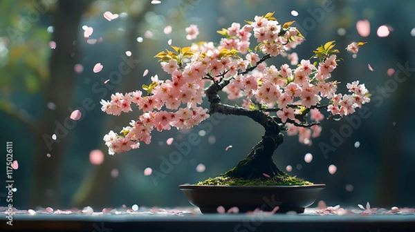 Obraz A bonsai tree styled as a traditional cherry blossom, with falling petals as the background, during a breezy spring afternoon