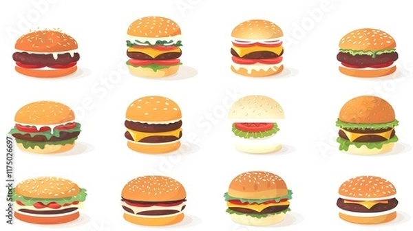 Fototapeta Assorted Delicious Fast Food Burgers with Varied Toppings and Ingredients Displayed on a Simple White Background