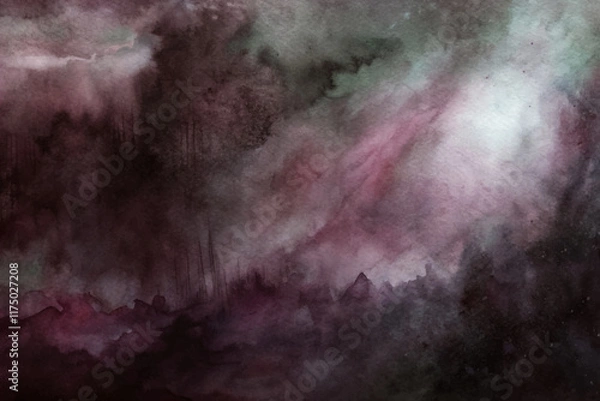 Fototapeta Abstract watercolor landscape, dark hues, ethereal atmosphere, soft gradients, artistic expression, moody background, creative design.