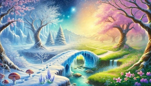 Obraz A serene horizontal fantasy painting depicting the gentle transition from winter's icy stillness to spring's vibrant bloom, showcasing a magical bridge uniting two contrasting worlds