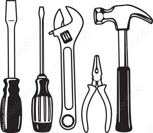 Fototapeta Black and white line art Silhouette  working tools vector doodle art in white background