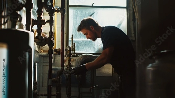 Fototapeta Plumber inspecting pipes in a basement, working with water heater and valves.