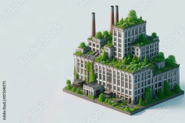 Fototapeta An abandoned factory covered with greenery. Space for text.