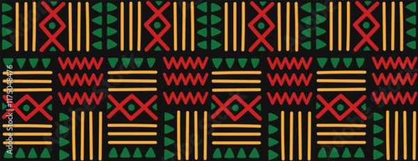 Obraz African geometric seamless pattern on black background. Abstract ethnic horizontal ornament. For greeting card, banner, textiles, wallpaper. Vector flat illustration.