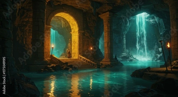 Fototapeta Underground cavern, glowing archway, luminous waterfall, reflective pool, fantasy grotto, magical atmosphere, torchlit chamber, ancient ruins, ethereal light, mysterious passageway, subterranean oasis