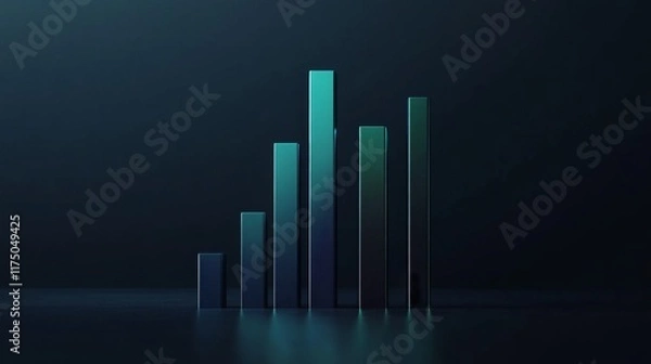 Fototapeta A sleek, D-rendered bar graph with tall, shiny bars in shades of blue and green, illustrating a rise in market data over a specified period