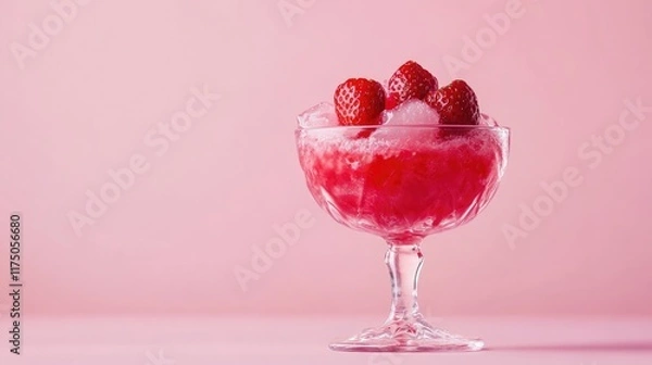 Obraz Refreshing strawberry soda cocktail garnished with fresh berries in elegant glass on soft pink background perfect for summer celebrations