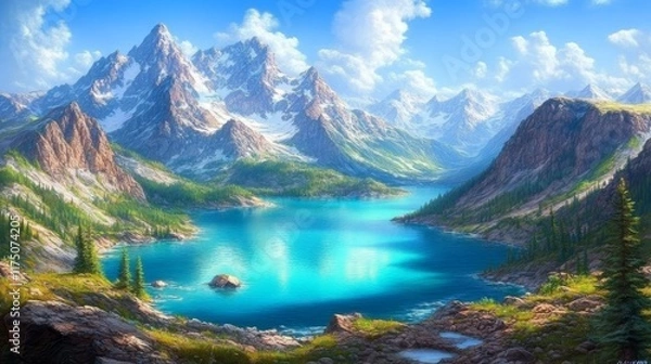 Fototapeta Panoramic view of a serene alpine lake nestled amidst snow-capped mountains under a vibrant blue sky