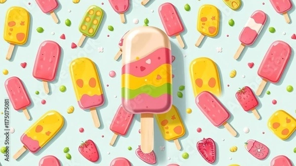 Fototapeta Brightly colored ice cream popsicle with abstract fruit patterns and vivid hues melting in 3D illustration, popsicle, summer, patterns