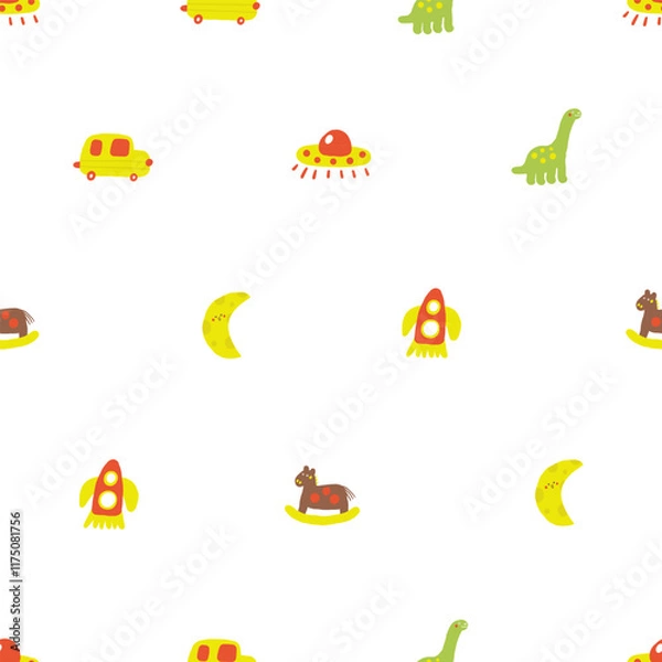 Fototapeta Kids room interior seamless pattern. Cute hand drawn doodle house children, nursery repeatable pattern with rocket, ufo, transport, space ship, horse, car, taxi, moon. Modern baby background
