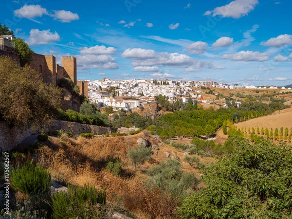 Fototapeta A scenic panorama from ancient city walls, across the countryside, surrounding Ronda in the Serranía de Ronda mountain range of Andalucia in southern Spain.