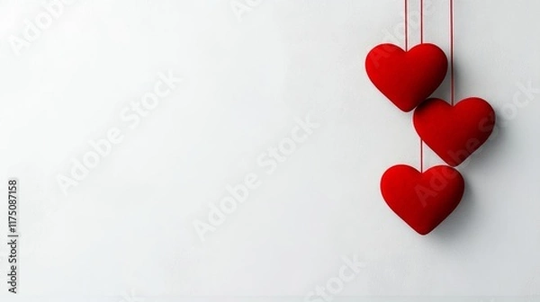 Fototapeta Three red hearts hanging from a string on a white background. Concept of love and affection