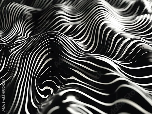 Fototapeta Abstract Black and White Wavy Line Patterns Creating Optical Illusions and Depth, Perfect for Modern Backgrounds, Artistic Projects, and Design Elements