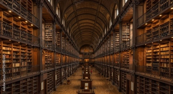 Fototapeta Ancient library, grand arched ceiling, long corridor, rows of bookshelves, wooden desks, warm lighting, historical ambiance, ornate architecture, symmetrical composition, sepia tones, knowledge reposi