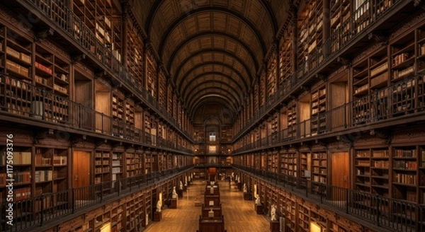Fototapeta Ancient library, grand arched ceiling, long corridor, rows of bookshelves, wooden desks, warm lighting, historical ambiance, ornate architecture, symmetrical composition, sepia tones, knowledge reposi