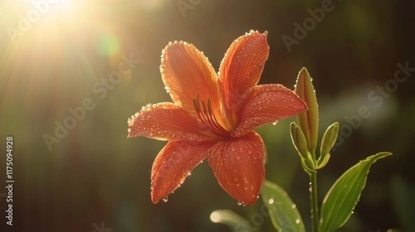 Fototapeta A vibrant flower with water droplets on its petals, placed against a soft, blurred background, with droplets glistening in the sunlight