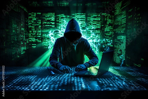 Fototapeta HJ Cybersecurity - Unseen Threat: Hooded Hacker Aggressively Typing Code in a Dark Room to Break the Server's Firewall