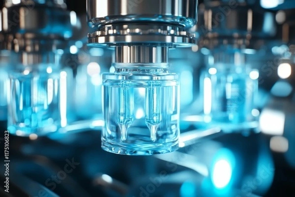 Fototapeta Automated liquid filling, glass containers, blue fluid.