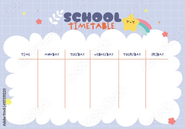 Fototapeta School timetable, weekly class schedule, school timetable template with cute and fun colorful cartoon illustrations, back to school weekly schedule, vector illustration.