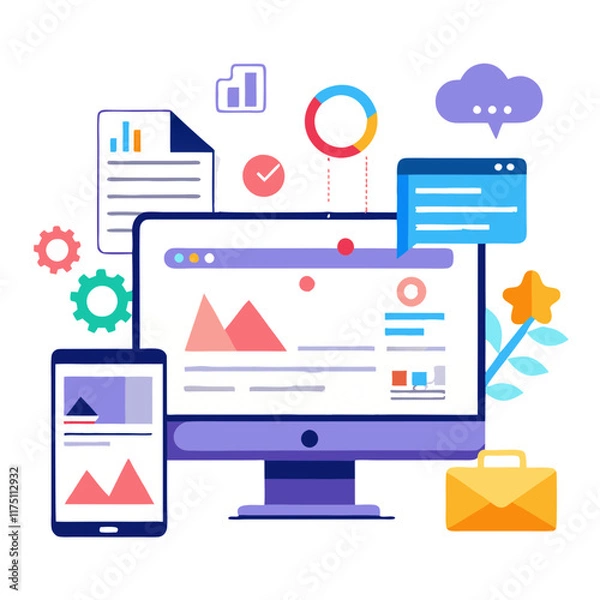 Fototapeta Concept of website marketing illustrated with computer and smartphone surrounded by graphs, charts, and colorful icons