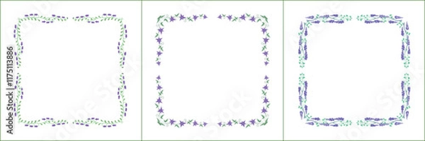 Fototapeta Set of three elegant green vegetal ornamental frame with purple flowers, decorative border. Isolated vector illustration	