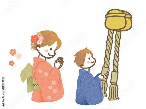 Obraz 神社でお参りをする男の子と女の子