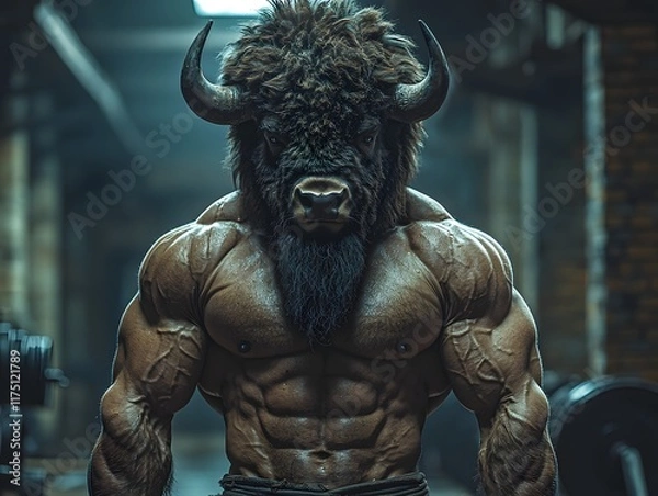 Obraz Bison Headed Bodybuilder Showcasing Brute Force in Rustic Gym Backdrop