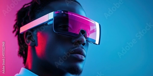 Fototapeta A futuristic portrait of a man wearing reflective glasses showing dynamic digital interfaces