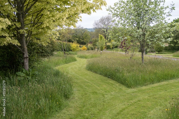 Obraz Mowed paths through a garden with grass and trees
