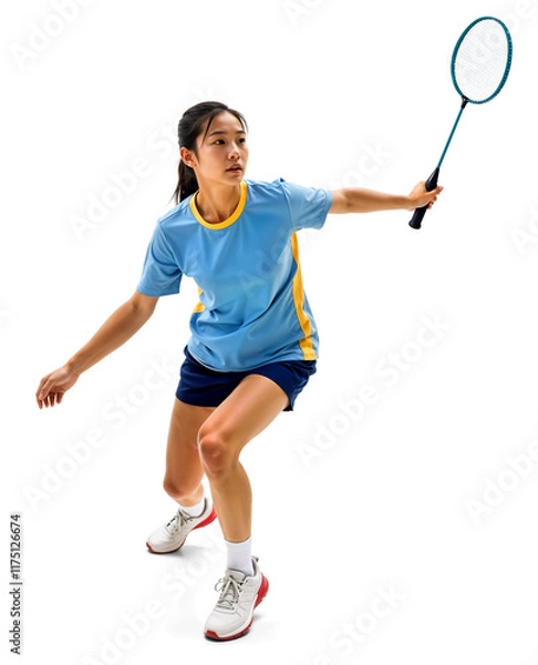Fototapeta Asian woman badminton player in active poses holding a badminton racket