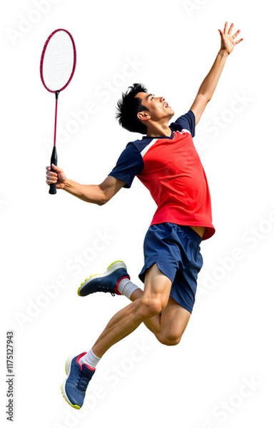 Fototapeta Pro male badminton player doing flying jump smash mid-air on isolated background