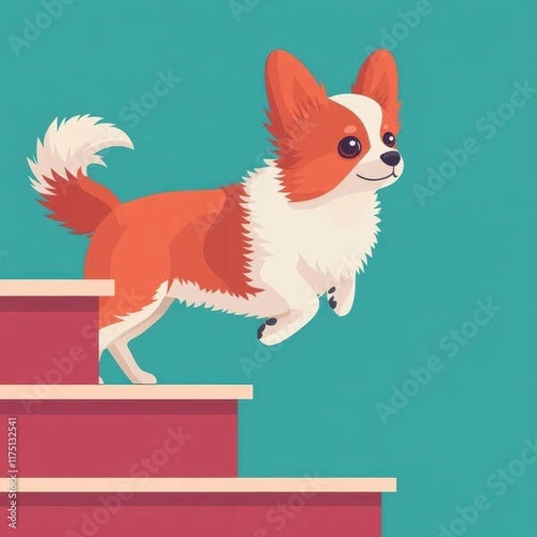 Fototapeta Playful Small Dog Running Up Colorful Steps in a Modern Style