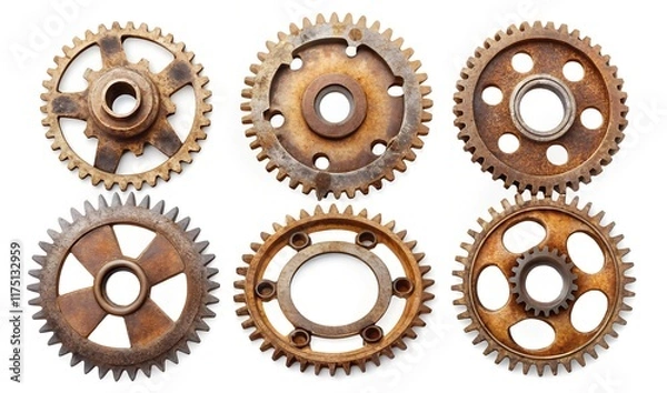 Fototapeta Six distinct rusty cogwheels isolated on a white background, displaying weathered surfaces, varying shapes, and aged mechanical details, symbolizing industrial heritage and engineering design.