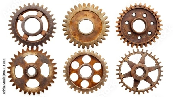 Fototapeta A collection of six rusty cogwheels with unique designs and corrosion details, isolated on a white background, symbolizing industrial heritage and mechanical precision.