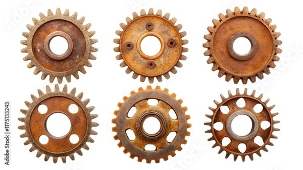 Fototapeta  A set of six rusty gears isolated on a white background, featuring circular cutouts, weathered textures, and intricate patterns, representing mechanical design and industrial aesthetics.