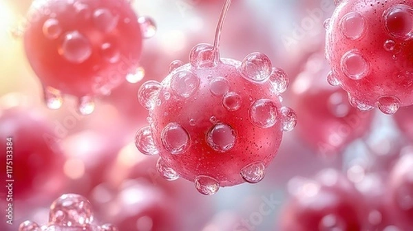 Fototapeta Close-up of spherical, pink objects with droplets, resembling microbes or cells.